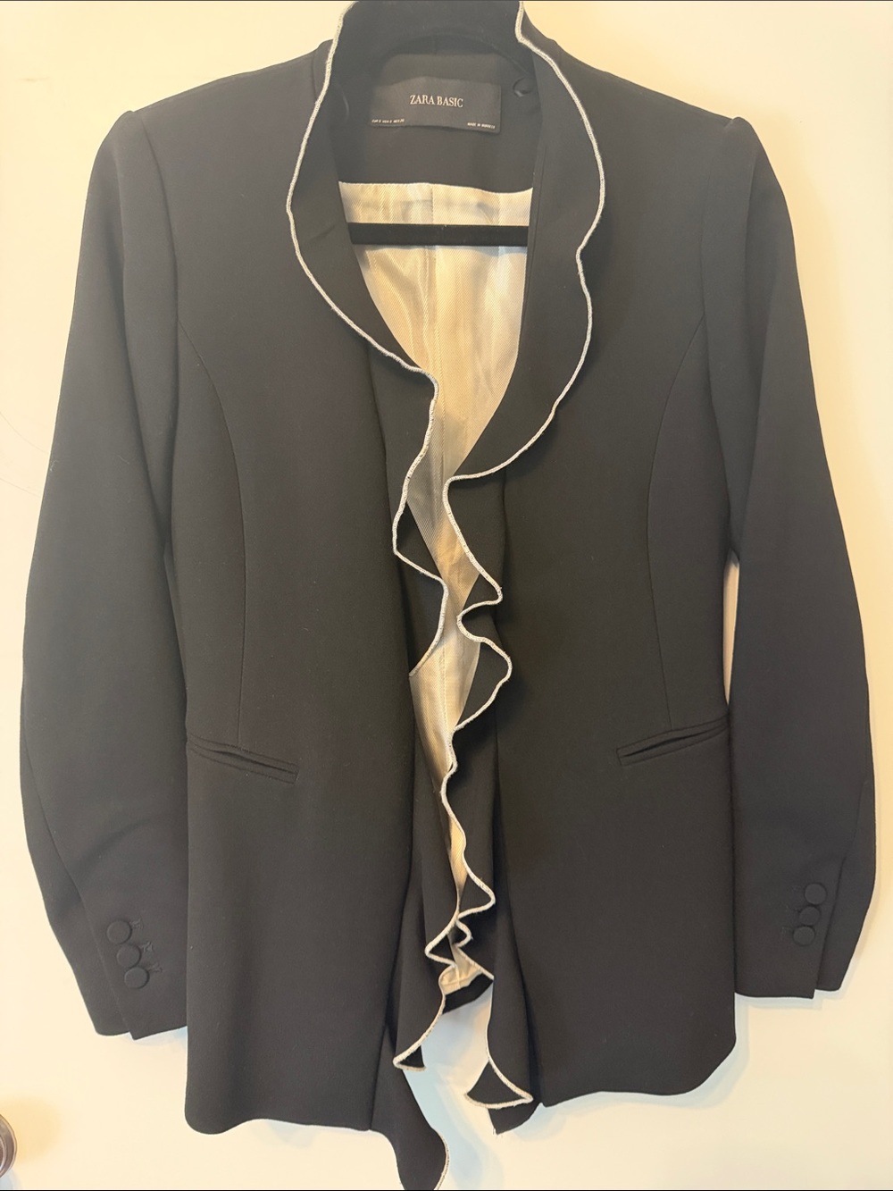 Zara Black Blazer with Cream-Trim Ruffle Front